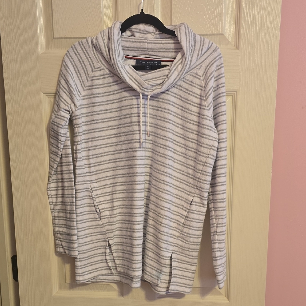 Tommy Hilfiger Gray and White Striped Cowl Neck Sweater